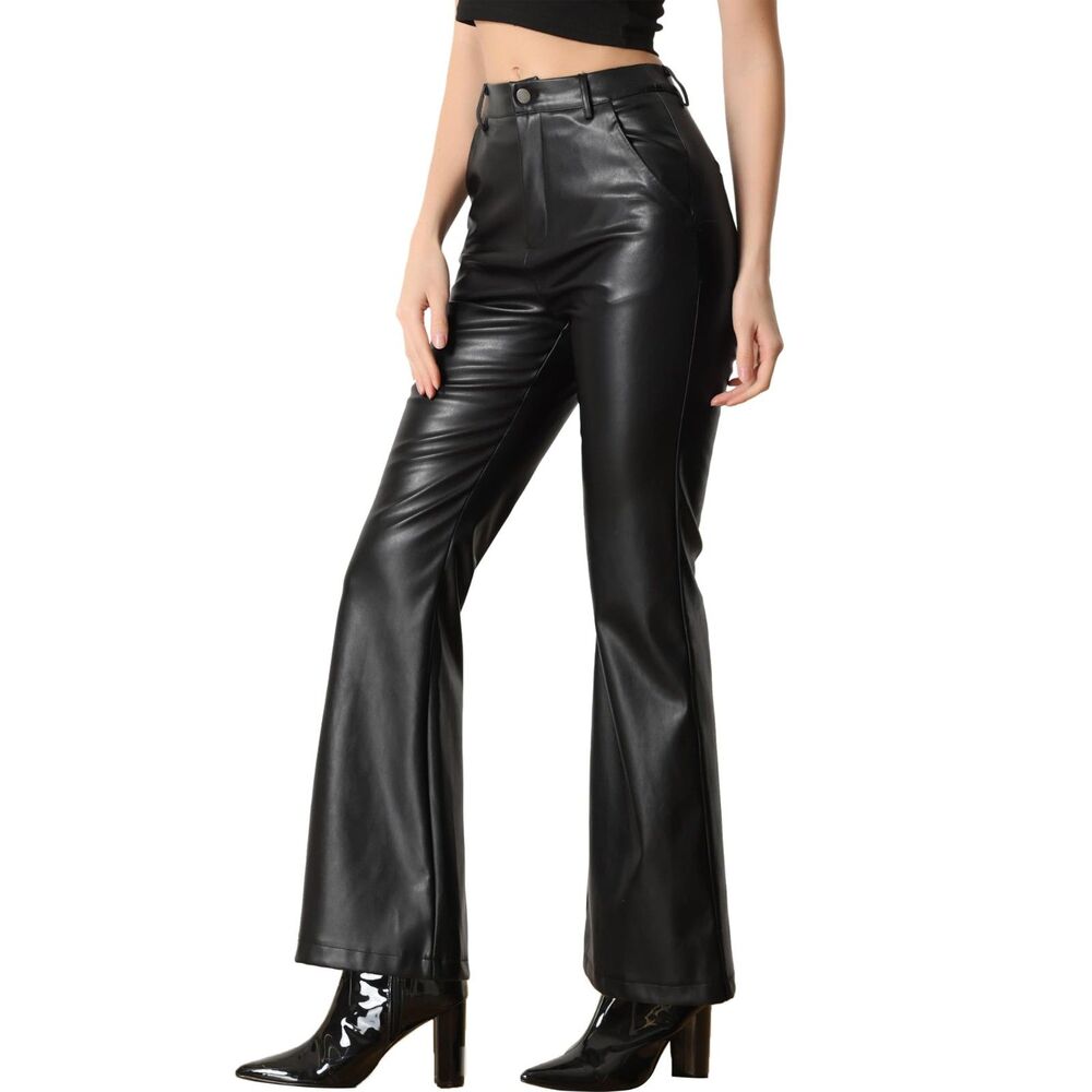 Faux Leather High Waist Bell Bottom Flared Long PU Pants, SIZE XL, 14L-165B002